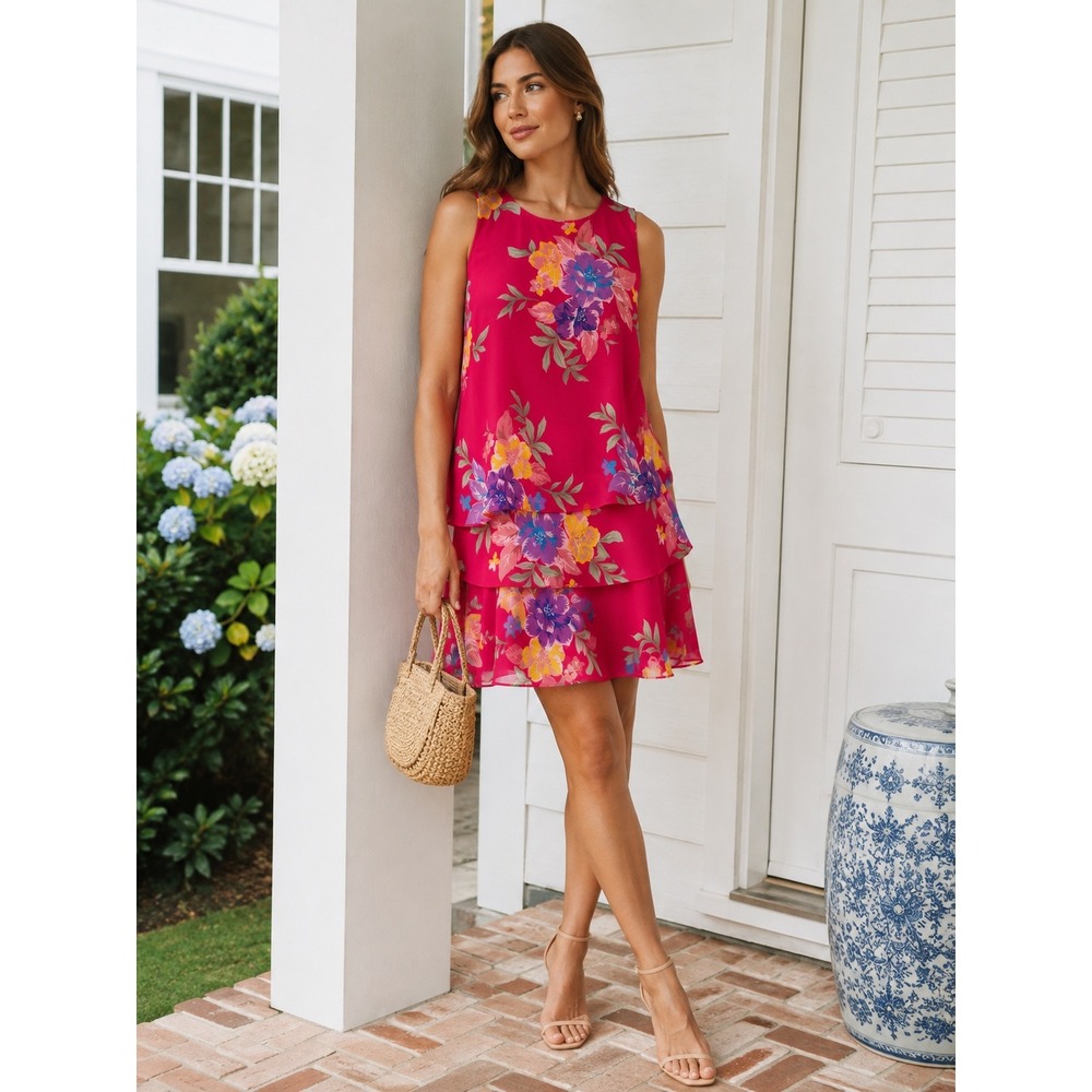 Lauren Ralph Lauren Pink Floral Tiered Sleeveless Georgette Shift Dress Size 4